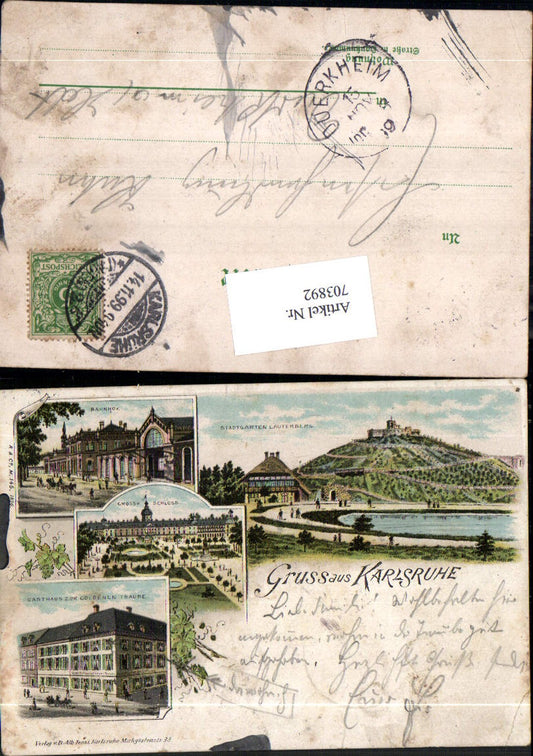 703892 Lithograph Greetings from Karlsruhe Lauterberg Train Station Gasthaus zur goldenen Traube