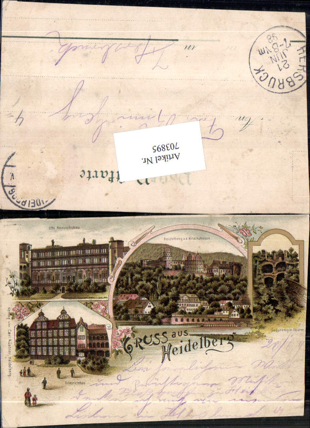 703895 Lithographie Gruss aus Heidelberg Friedrichsbau Turm