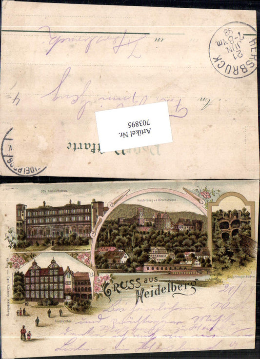 703895 Lithograph Greetings from Heidelberg Friedrichsbau Tower