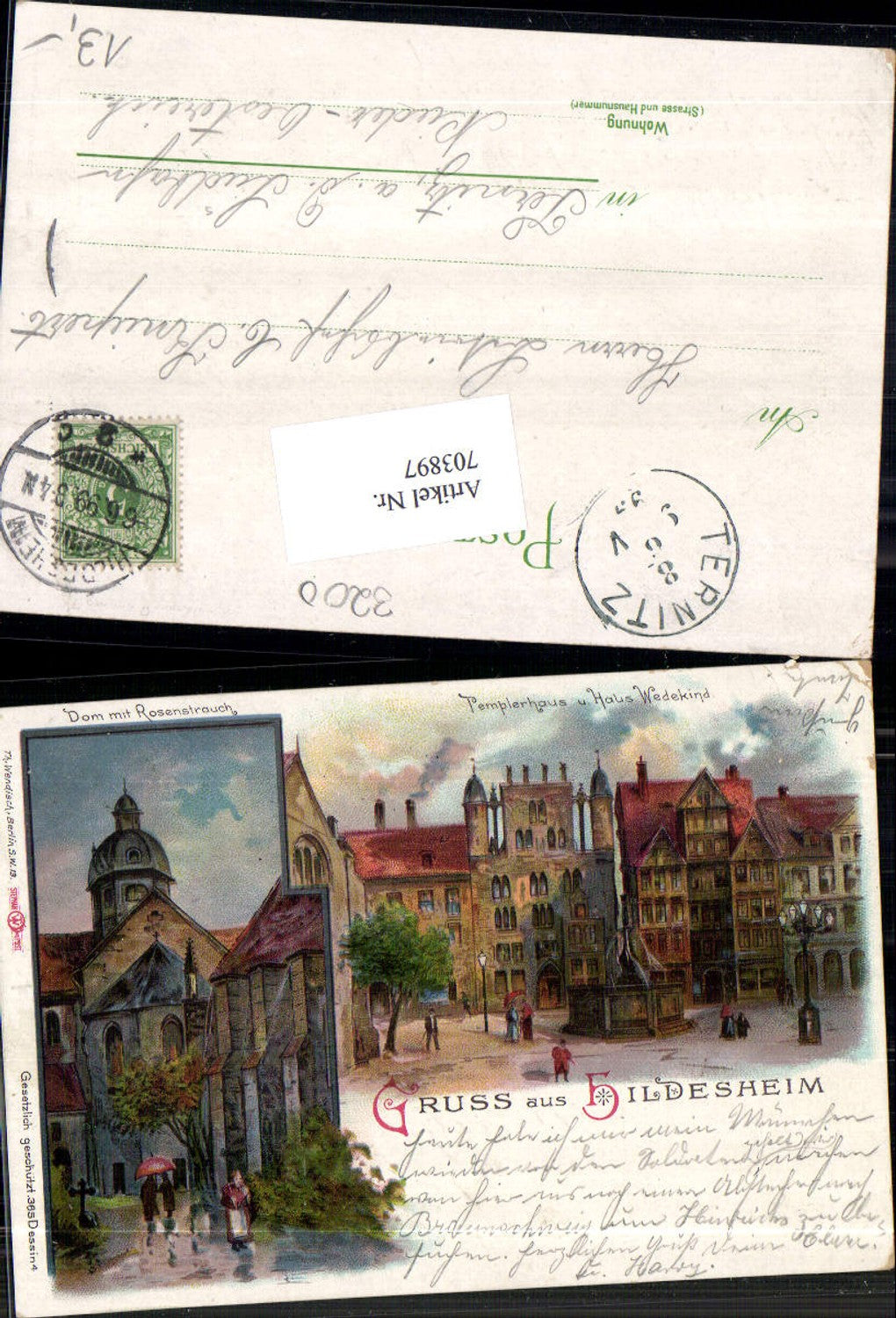 703897 Künstler Lithographie Gruss aus Hildesheim Templerhaus Haus Wedekind Dom