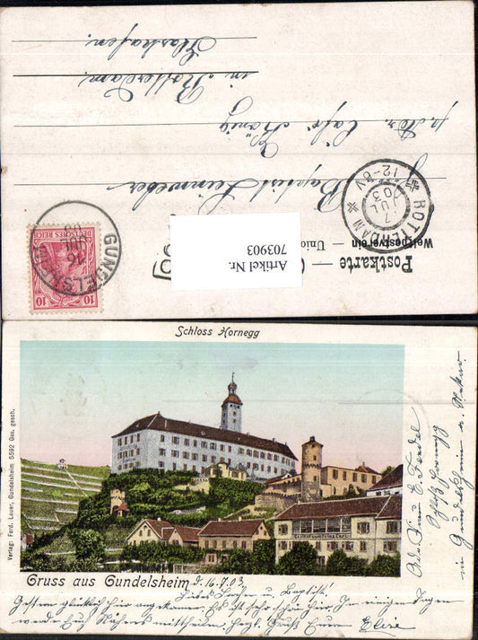703903 Lithograph Greetings from Gundelsheim Neckar Hornegg Castle