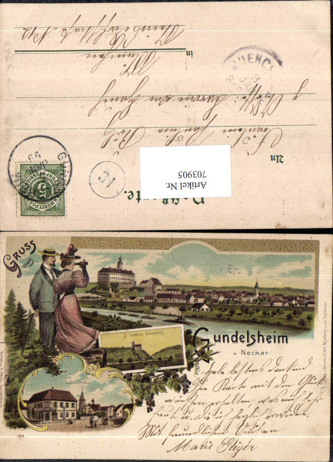 Lithographie Gruss aus Gundelsheim Neckar Schloss Hornegg Gutenberg Fernglas