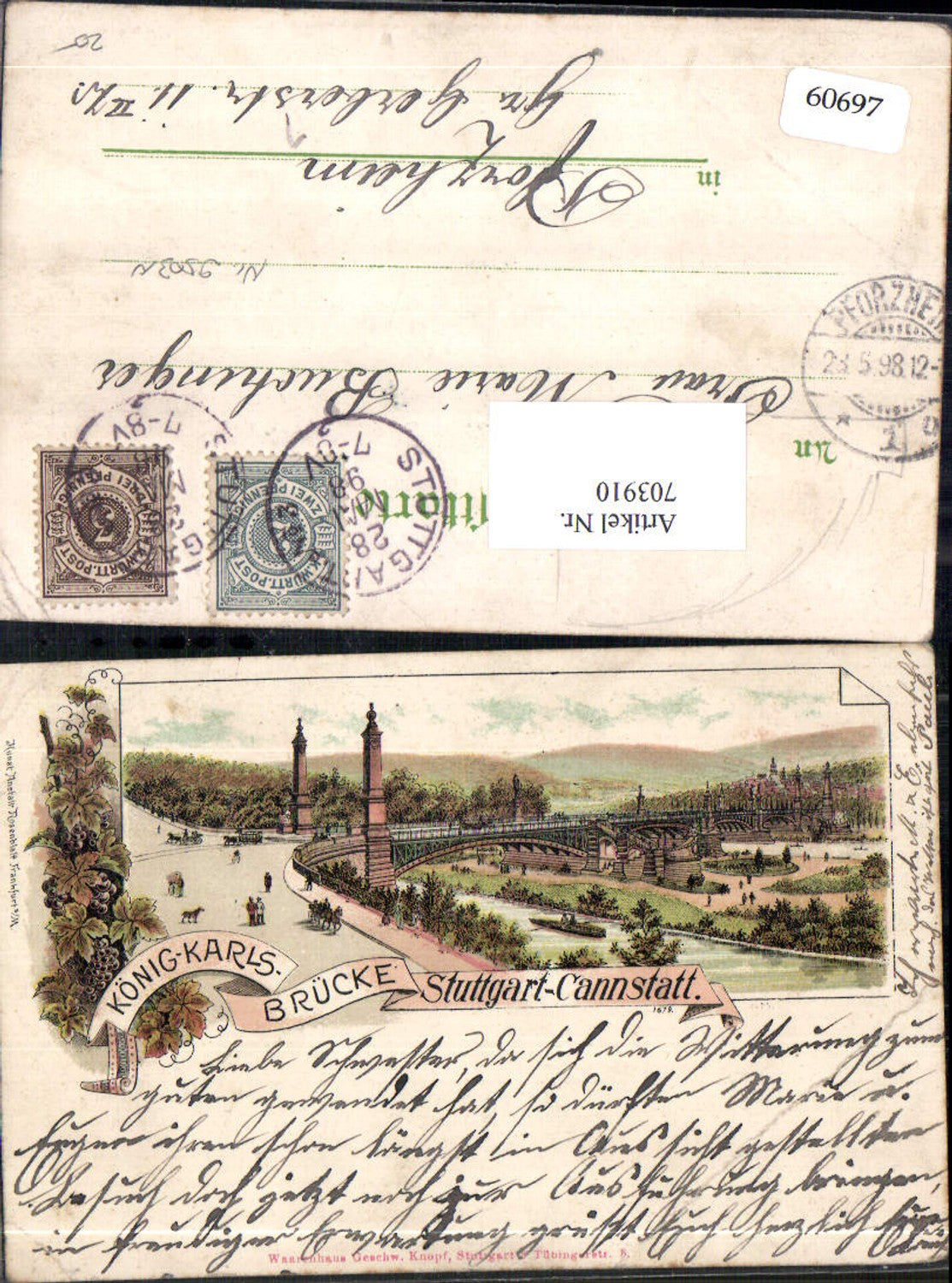 703910 Lithographie Stuttgart Cannstatt Königs-Karls-Brücke pub Rosenblatt 1679