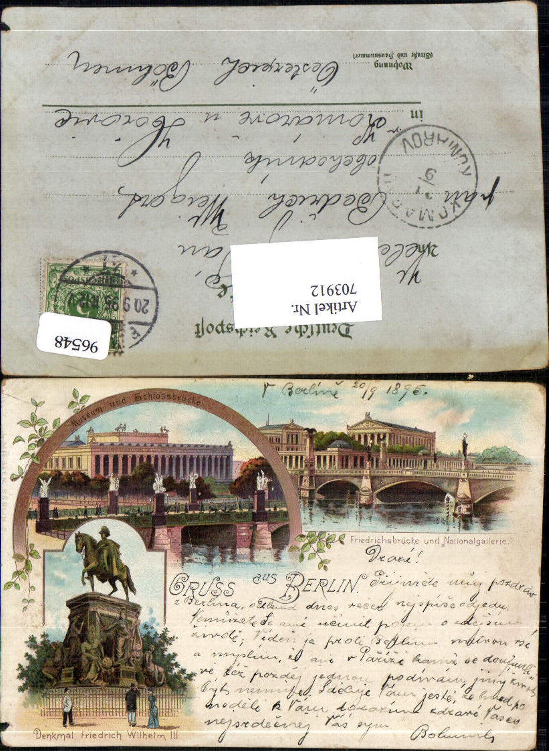 703912 Lithographie Gruss aus Berlin Brücke Denkmal Friedrich Wilhelm III.