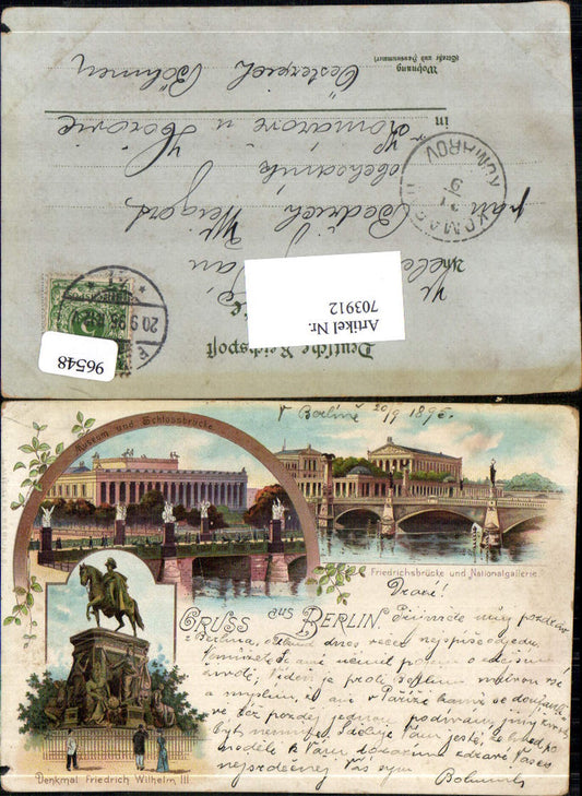 703912 Lithographie Gruss aus Berlin Brücke Denkmal Friedrich Wilhelm III.