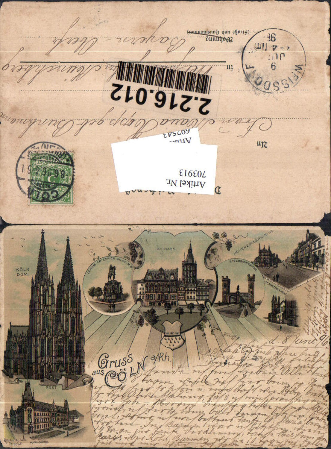703913 Lithographie Gruss aus Köln Cöln am Rhein Dom Rathaus Wappen pub Lautz & Isenbeck