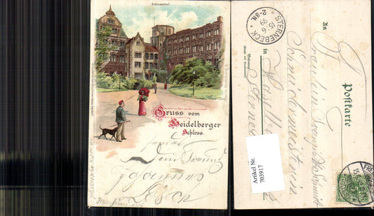 703917 Lithograph Greetings from Heidelberg Castle Heidelberg Dog Woman Castle Courtyard
