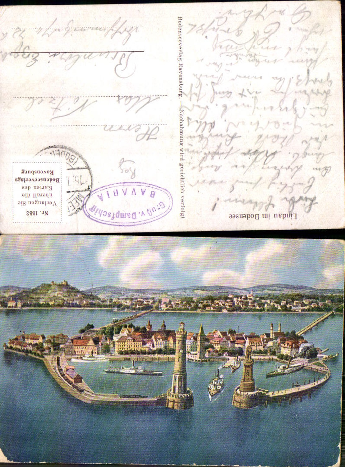 703955 Lindau am Bodensee Hafen Leuchtturm Bordstempel Bavaria Dampfschiff