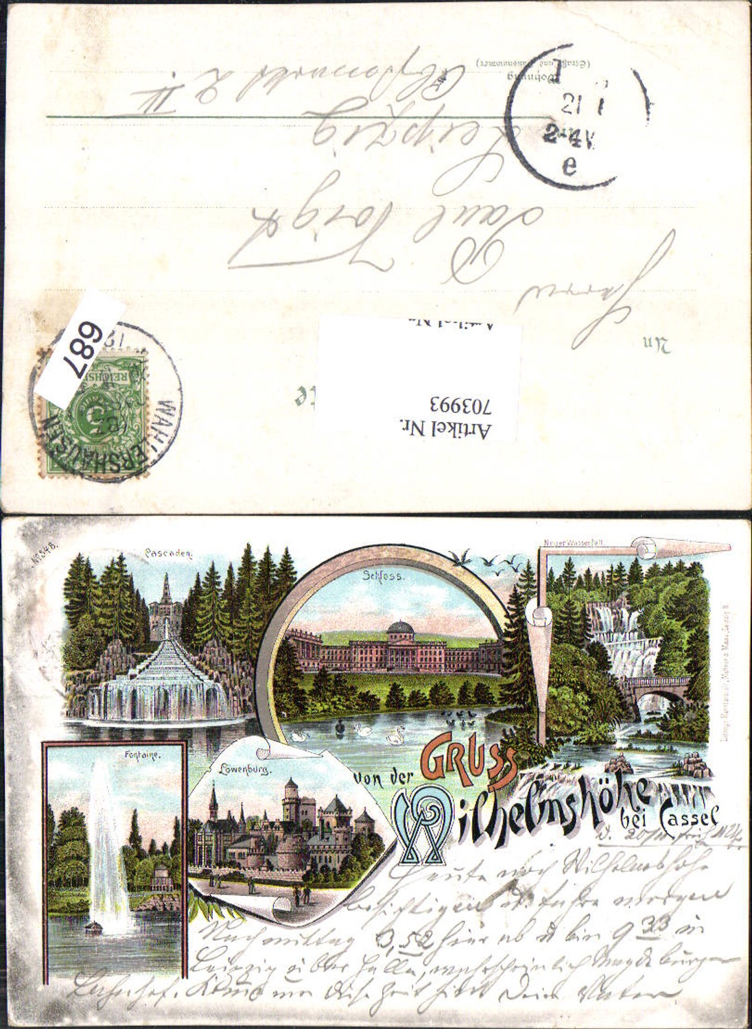 703993 Lithographie Cassel Kassel Wilhelmshöhe Löwenburg Cascaden pub Mehner & Maas 348