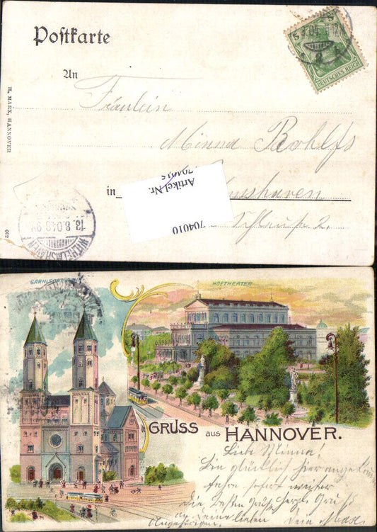 704010 Lithographie Gruss aus Hannover Hoftheater Theater Kirche