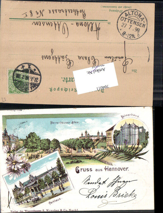 704011 Lithographie Gruss aus Hannover Palmenhaus Herrenhäuser Allee