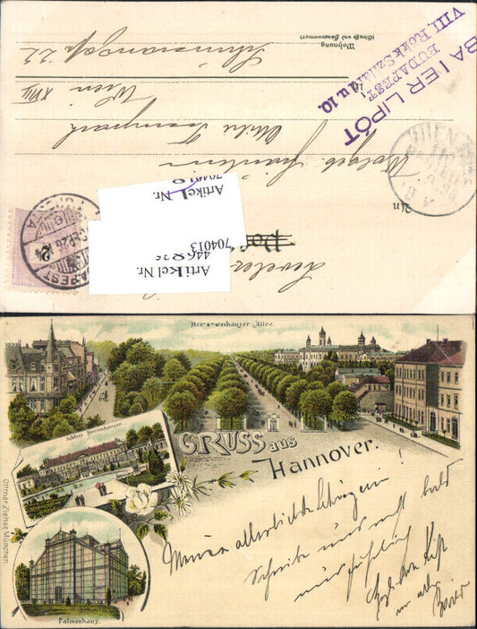 704013 Lithographie Gruss aus Hannover Herrenhausen Palmenhaus pub Zieher