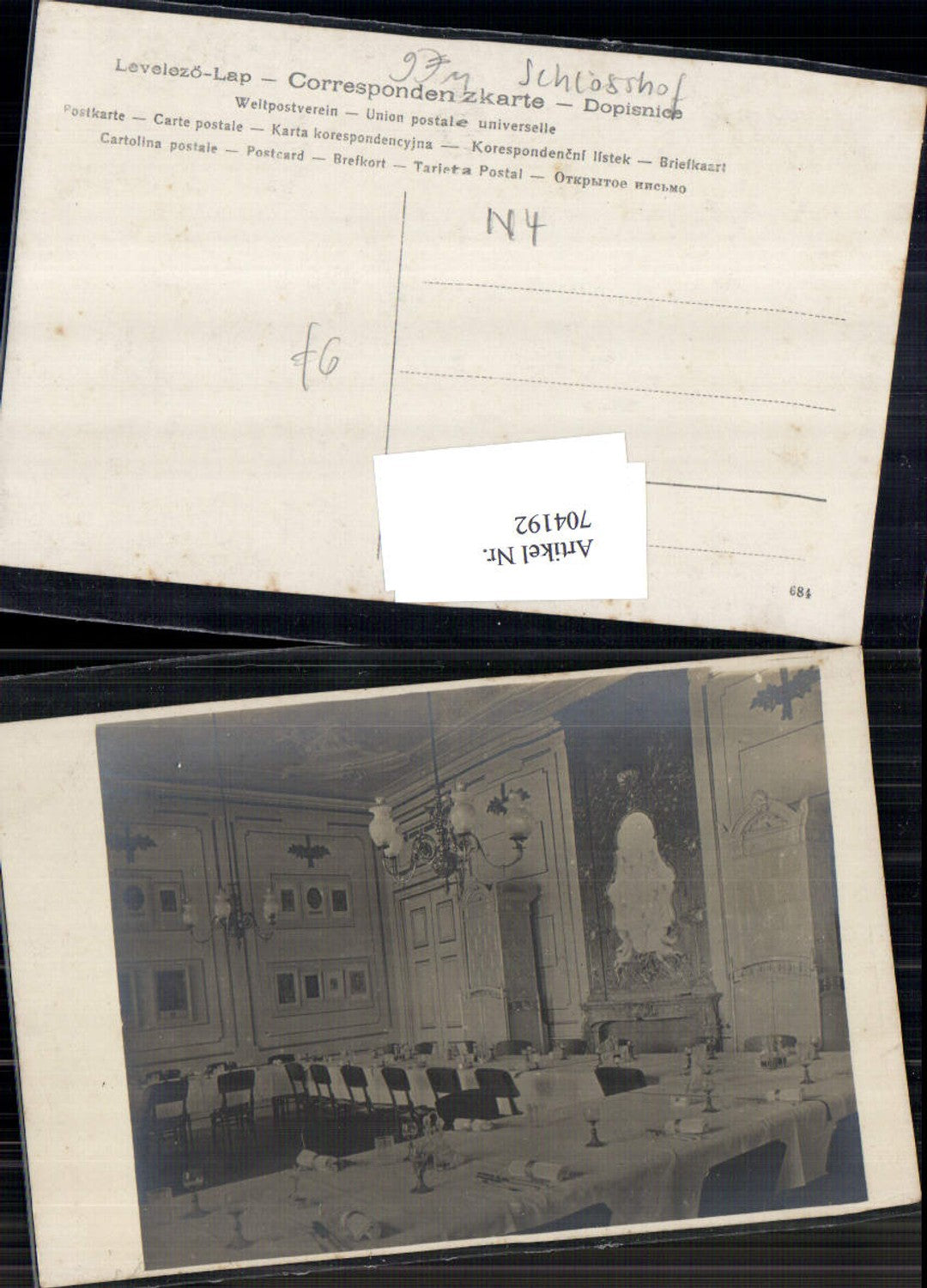 704192 Foto-AK Schloss Niederösterreich Luster Tisch Interieur Ofen Kachelofen