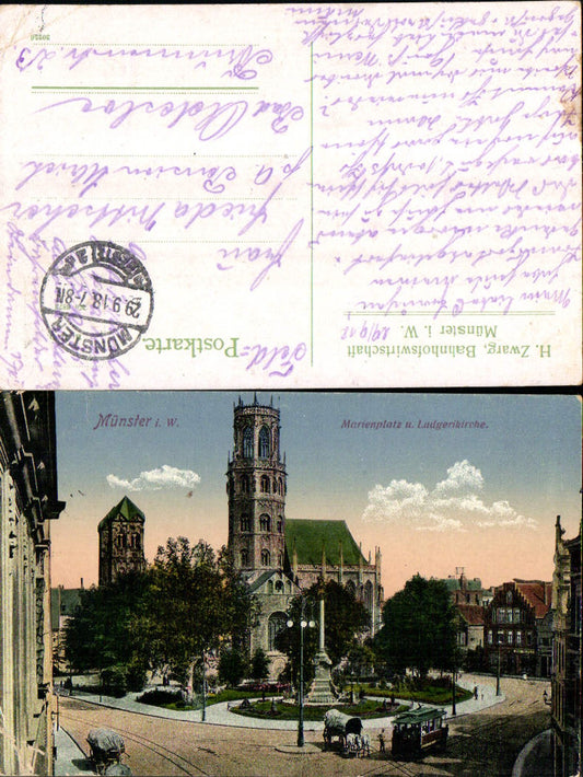 704472 Münster in Westfalen Marienplatz Ludgerikirche Feldpost Stp. H. Zwarg Bahnhofswirtschaft