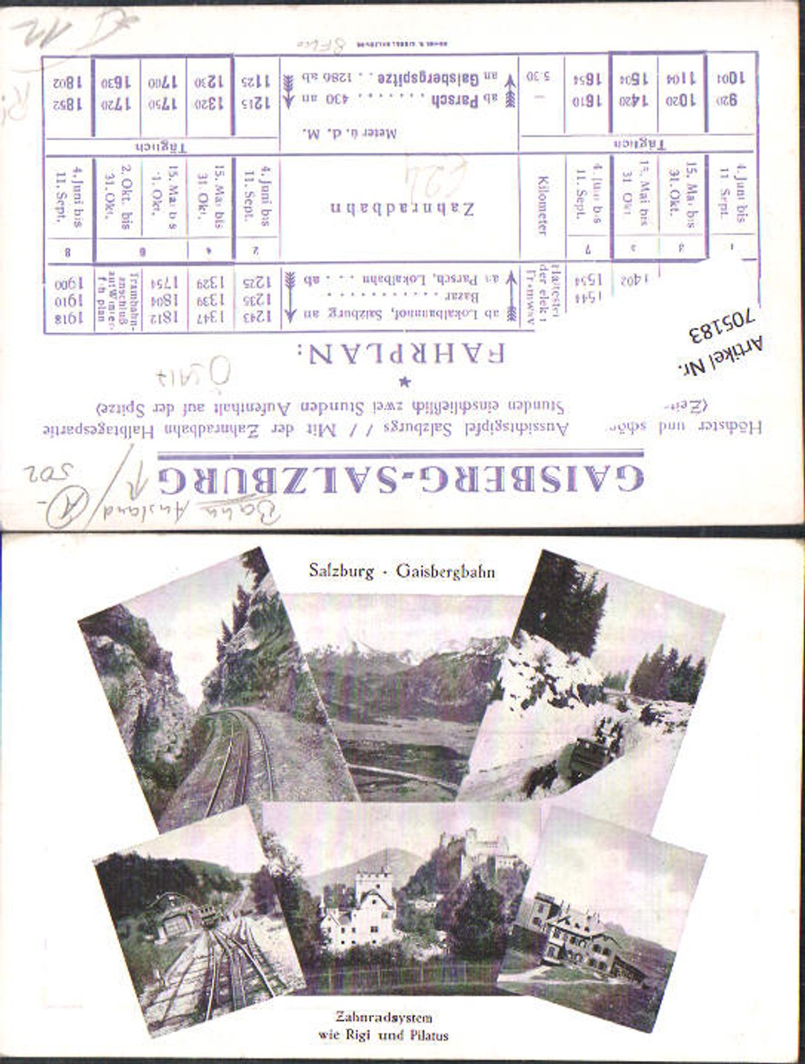 705183 Salzburg Gaisbergbahn Gaisberg Zahnradbahn Parsch Aigen Fahrplan auf Ansichtskarte