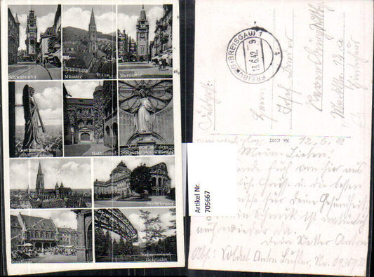 705667 Multi-image postcard Freiburg im Breisgau Martinstor Schwabentor Rathaushof Kaufhaus Feldpost