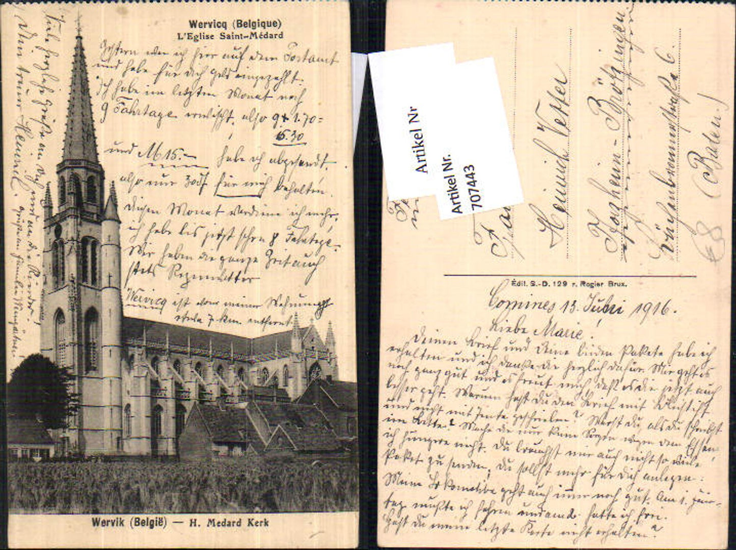 707443 Wervicq Eglise Saint Medard K.D. Feldpost Pforzheim Brötzingen