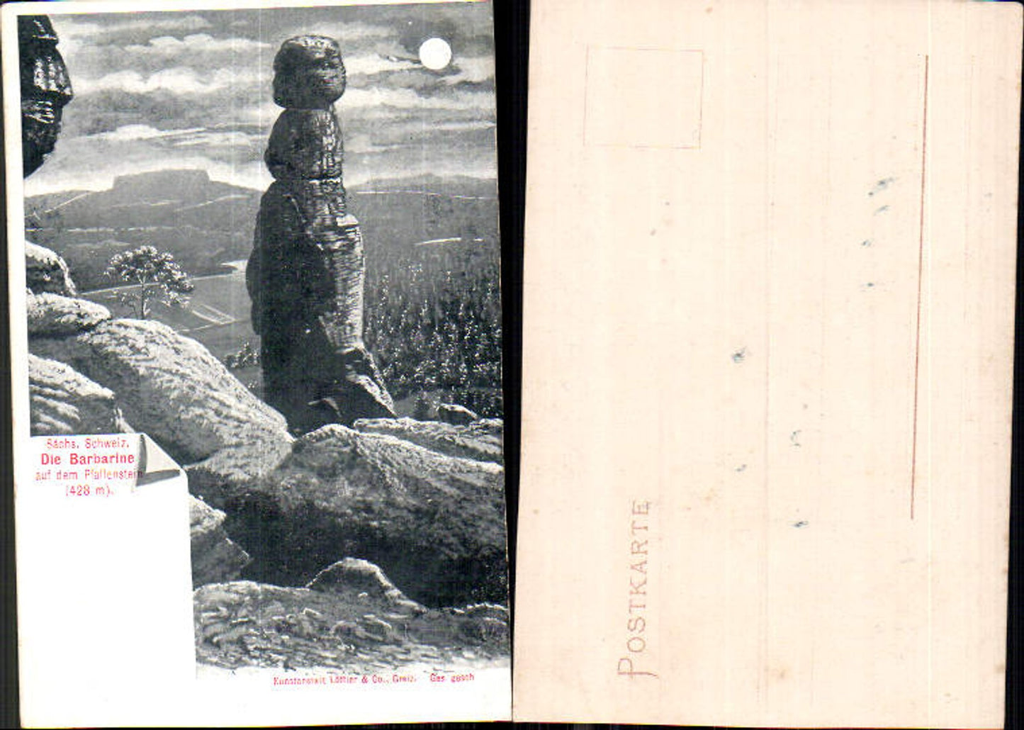 Mond Lithographie Sächsische Schweiz Pfaffenstein Barbarine Königstein