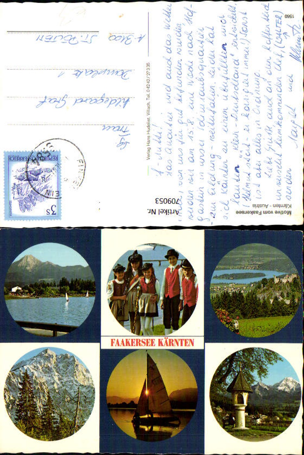 709053 Multi-image AK Faakersee sailboat children in traditional dress wayside shrine Finkenstein Faaker See