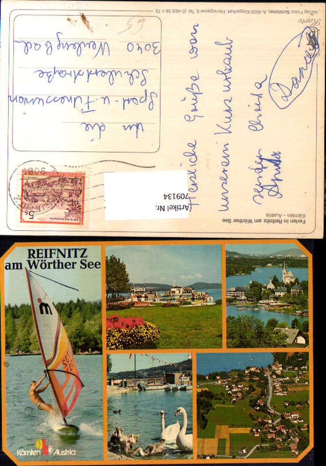 709134 Multi-image AK Reifnitz on Lake Wörthersee Water sports Boat landing Swans