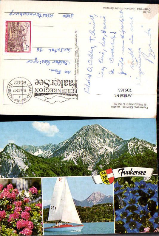 709163 Multi-image postcard Faakersee with Mittagskogel stamp Latschach above Faakersee Gentian sailboat