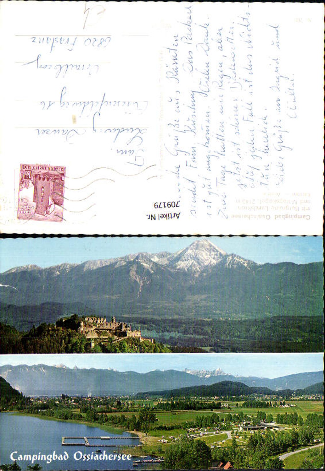 709179 Mehrbild AK Campingbad Ossiachersee mit Burgruine Landskron u. Mittagskogel