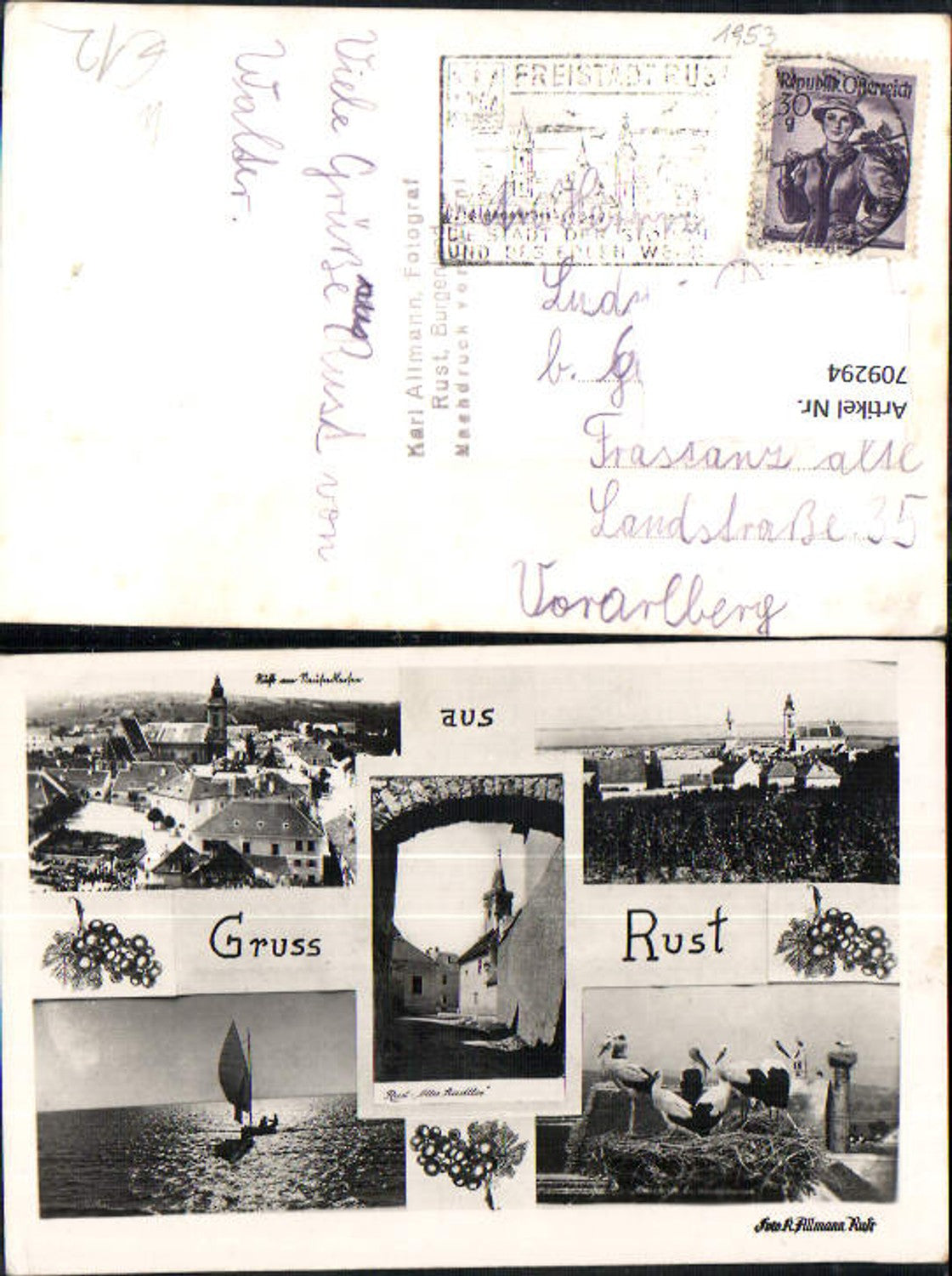 709294 Mehrbild AK Rust Ansichten Störche Segelboot Kirche 1953