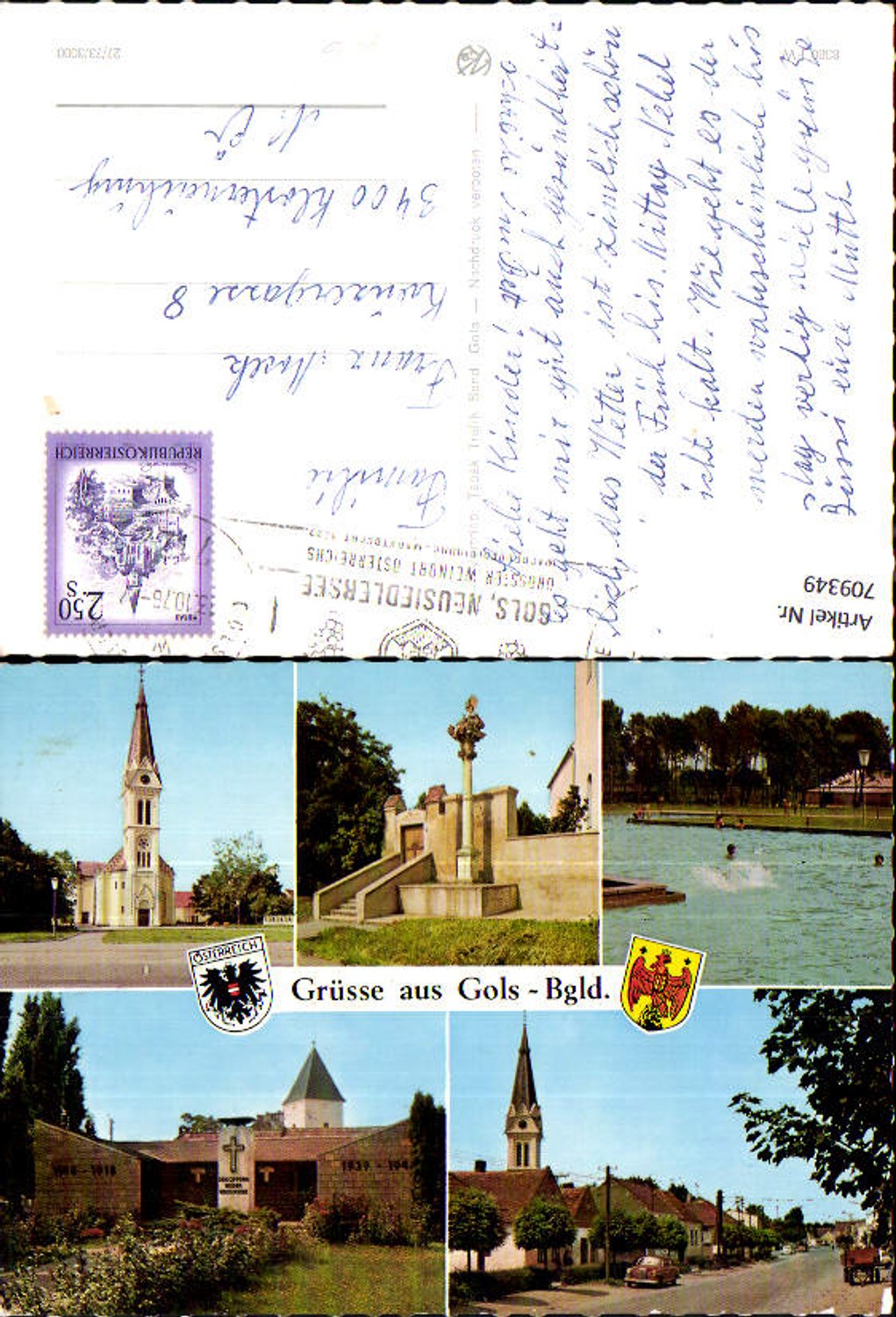 709349 Mehrbild AK Gols Ansichten Kirche Freibad Hauptstraße