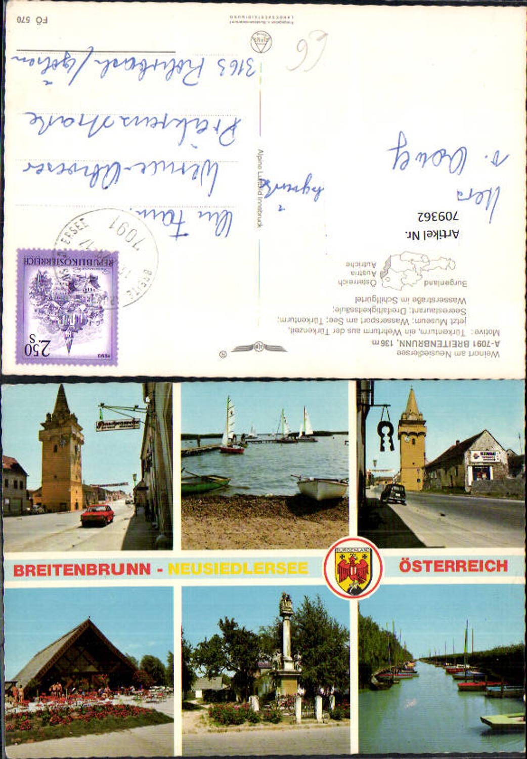 709362 Mehrbild AK Breitenbrunn a. Neusiedlersee Türkenturm Seerestaurant Segelboote