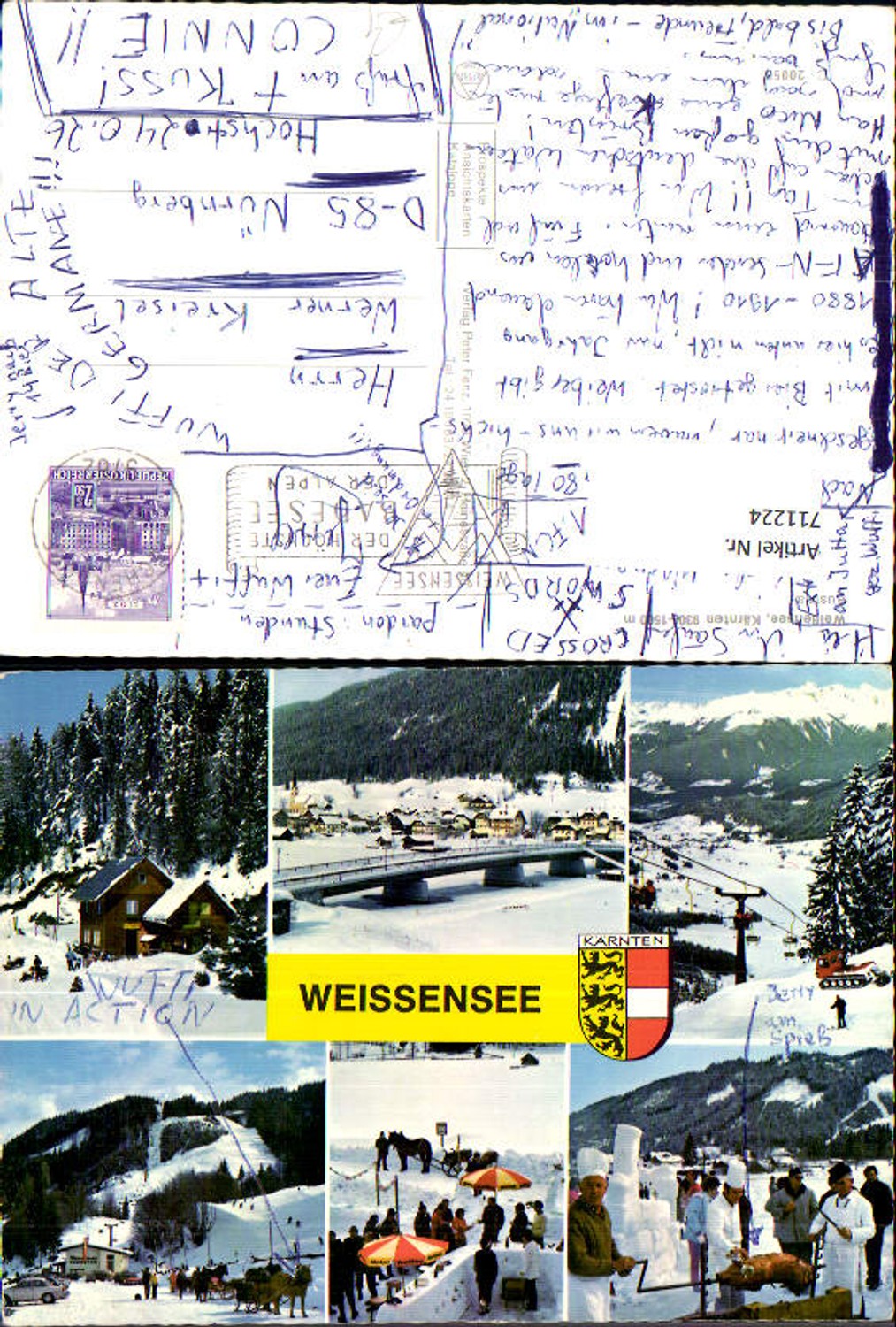 711224 Multi-image AK Weissensee in winter Horse-drawn sleigh Roast suckling pig