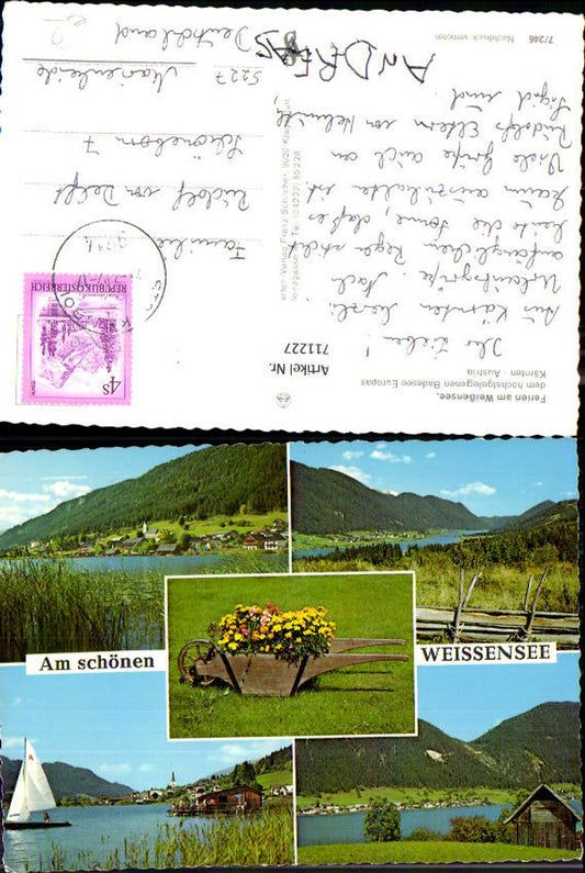 711227 Multi-image postcard of Weißensee, sailing boat view, municipality with church