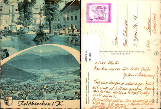 711668 Mehrbild AK Feldkirchen i. Kärnten Hauptplatz Stadtansicht mit Karawanken Brunnen