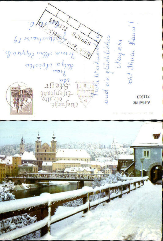 711813 Steyr Ansicht Kirche Brücke im Winter