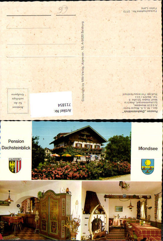 711854 Mehrbild AK Mondsee Pension Dachsteinblick Speisezimmer Kamin Bauernschrank