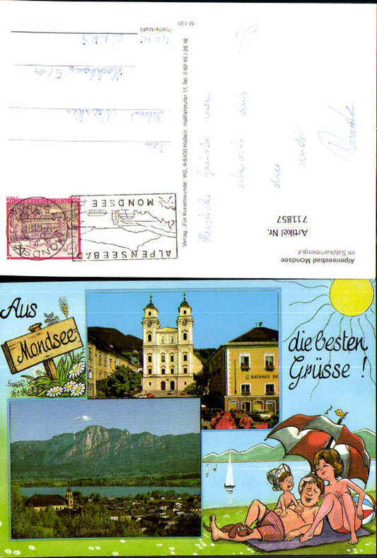 711857 Mehrbild AK Grüße aus Mondsee Kirche Ansicht Humor Erotik
