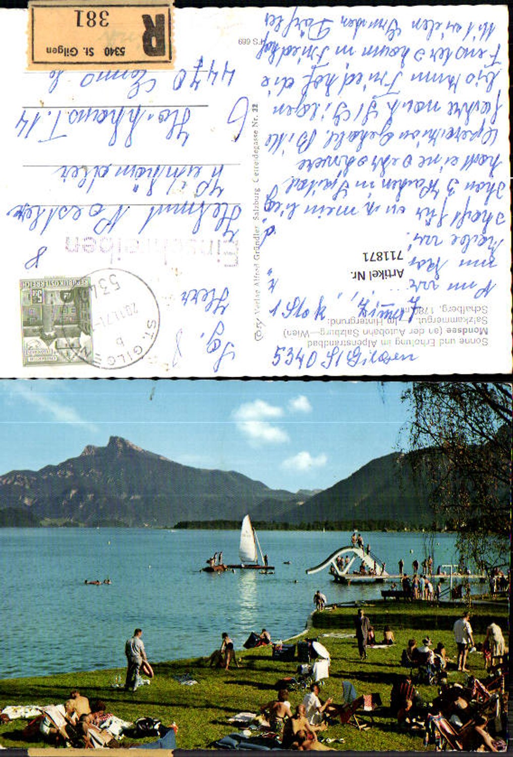 711871 Mondsee Salzkammergut Schafberg Alpenstrandbad Sailing boat Railway post R 5340 St Gilgen 381