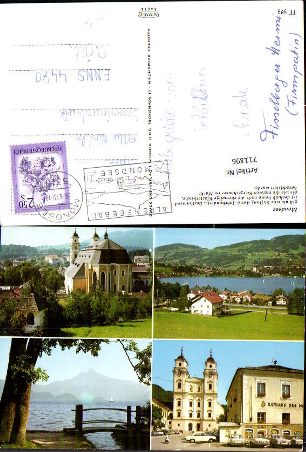 711896 Mehrbild AK Mondsee Klosterkirche See mit Brücke im Vordergrund Rathaus