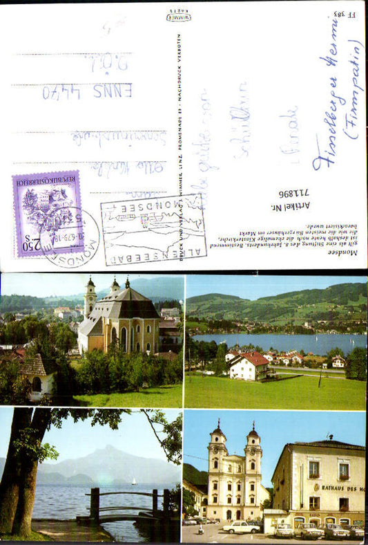 711896 Mehrbild AK Mondsee Klosterkirche See mit Brücke im Vordergrund Rathaus