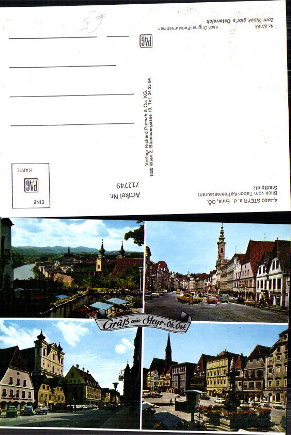712749 Mehrbild AK Steyr Blick v. Tabor-Kaffeerestaurant Stadtplatz