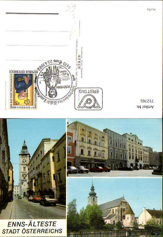 712765 Mehrbild AK Enns Ansicht Stadtplatz Kirche Stempel St Severin Werbeschau 1982