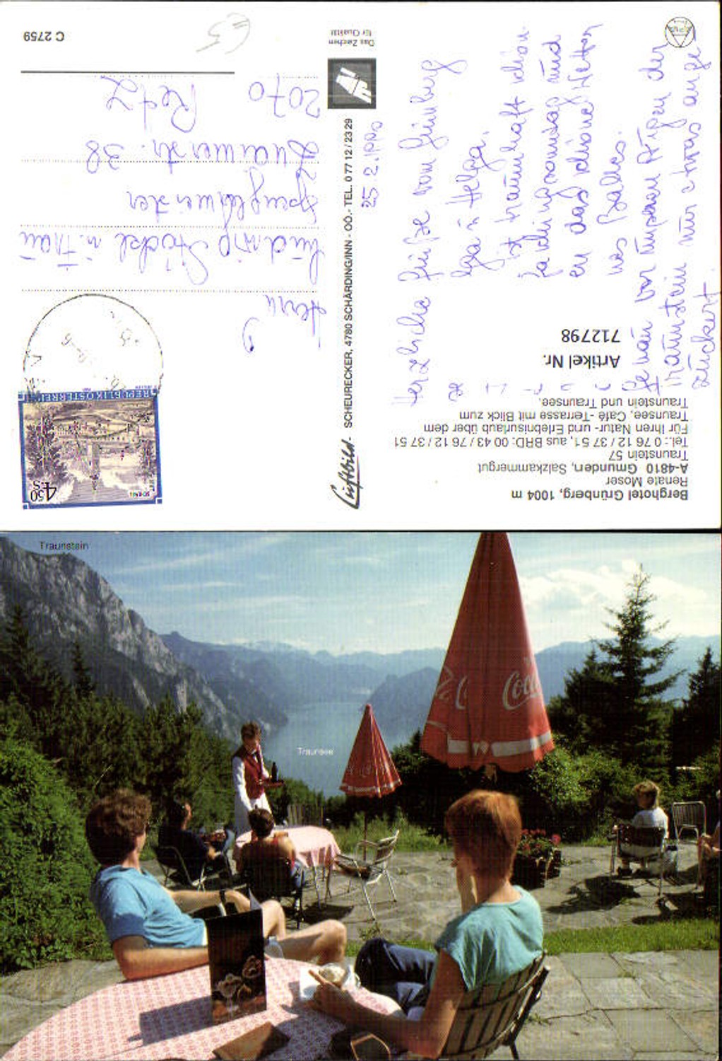 712798 Gmunden Salzkammergut Berghotel Grünberg Reklame Coca Cola auf Sonnenschirm