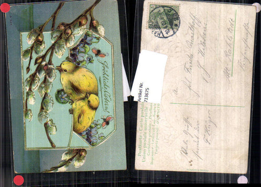 713675 Embosser Lithograph Easter Chick Pussy Willow Yellow Old Rahlstedt