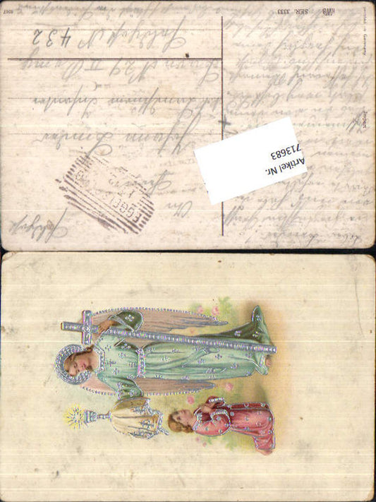 713683 Präge Lithographie Kind betet Engel Kelch Kommunion Feldpost Eggelsberg