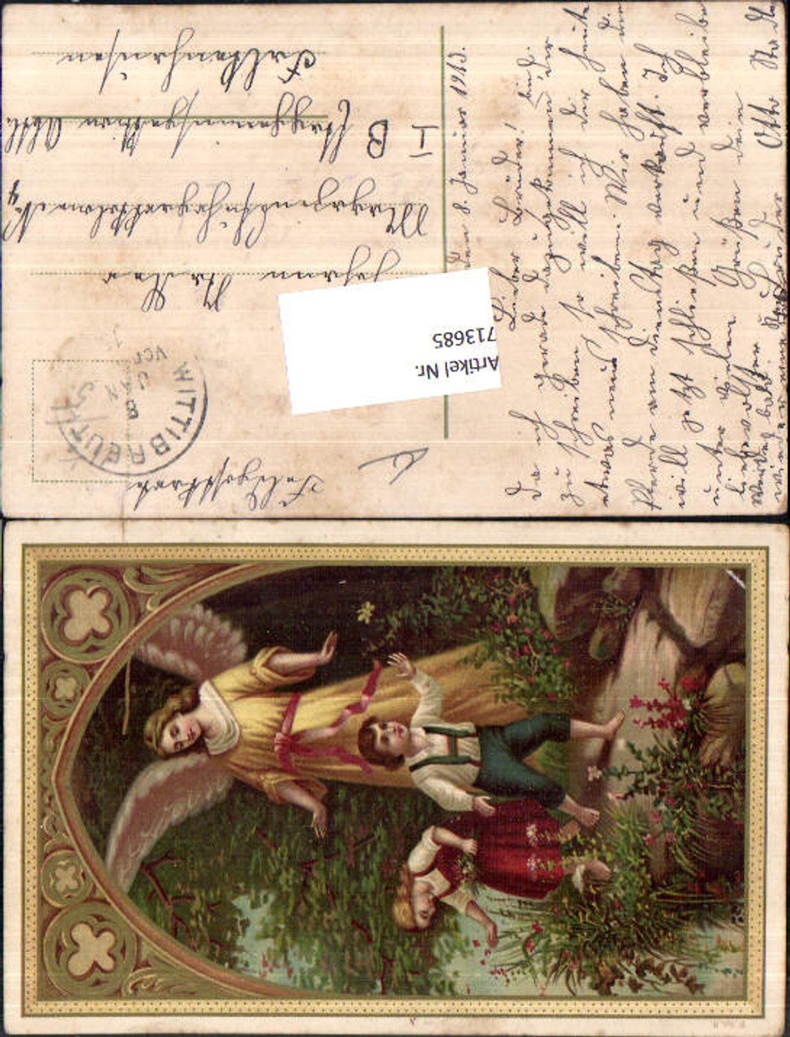713685 Lithographie Kinder Engel Schutzengel Stp. Wittbreut n. Falkenhausen