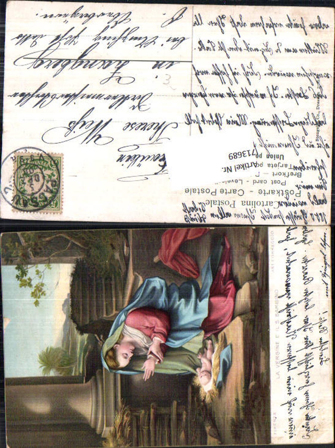 713689 Lithographie Ant. Correggio Heilige Maria Jesus Jesuskind Stall pub Stengel & Co.