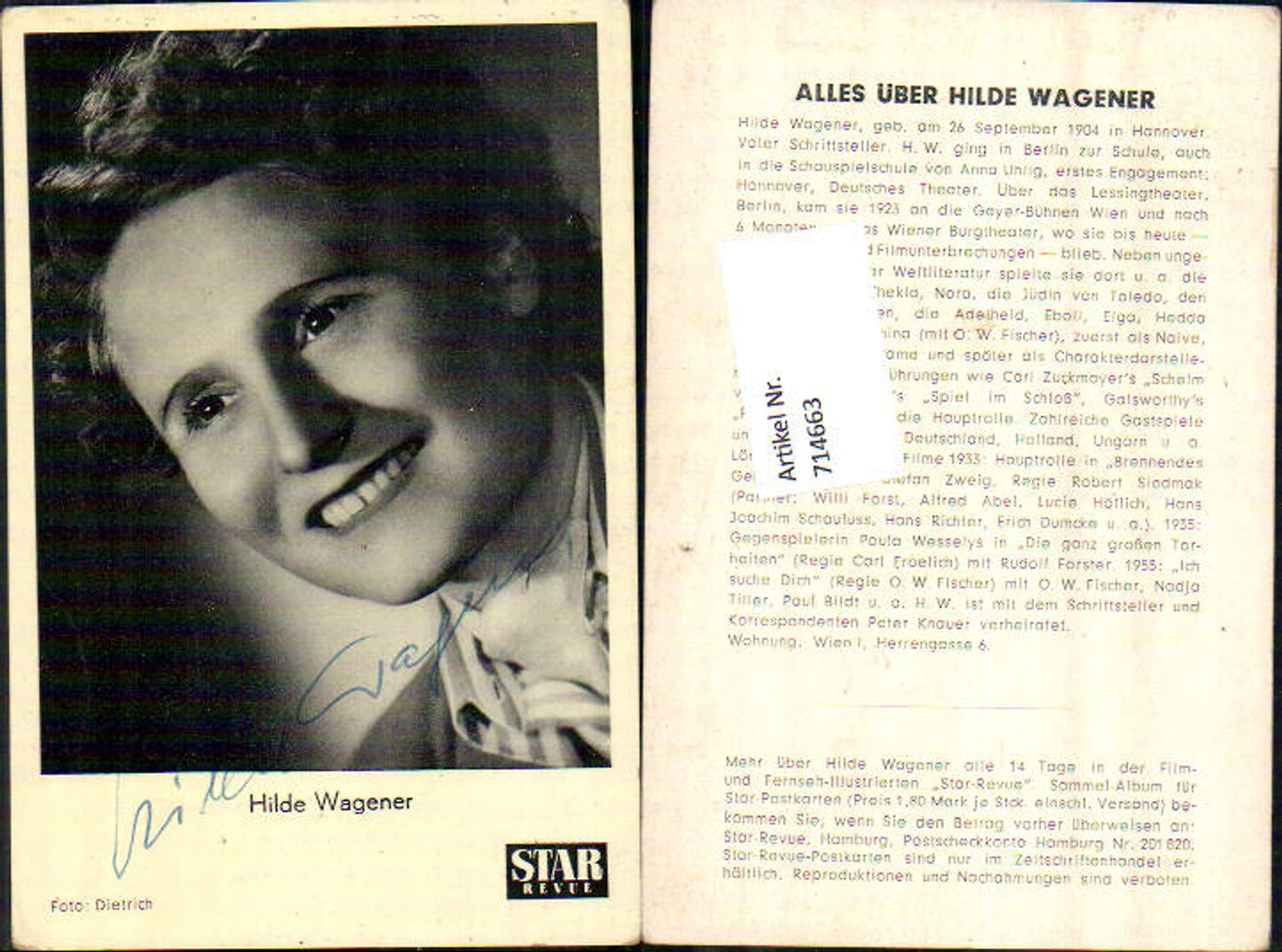 714663 Hilde Wagener Star Revue original signiert Autogrammkarte