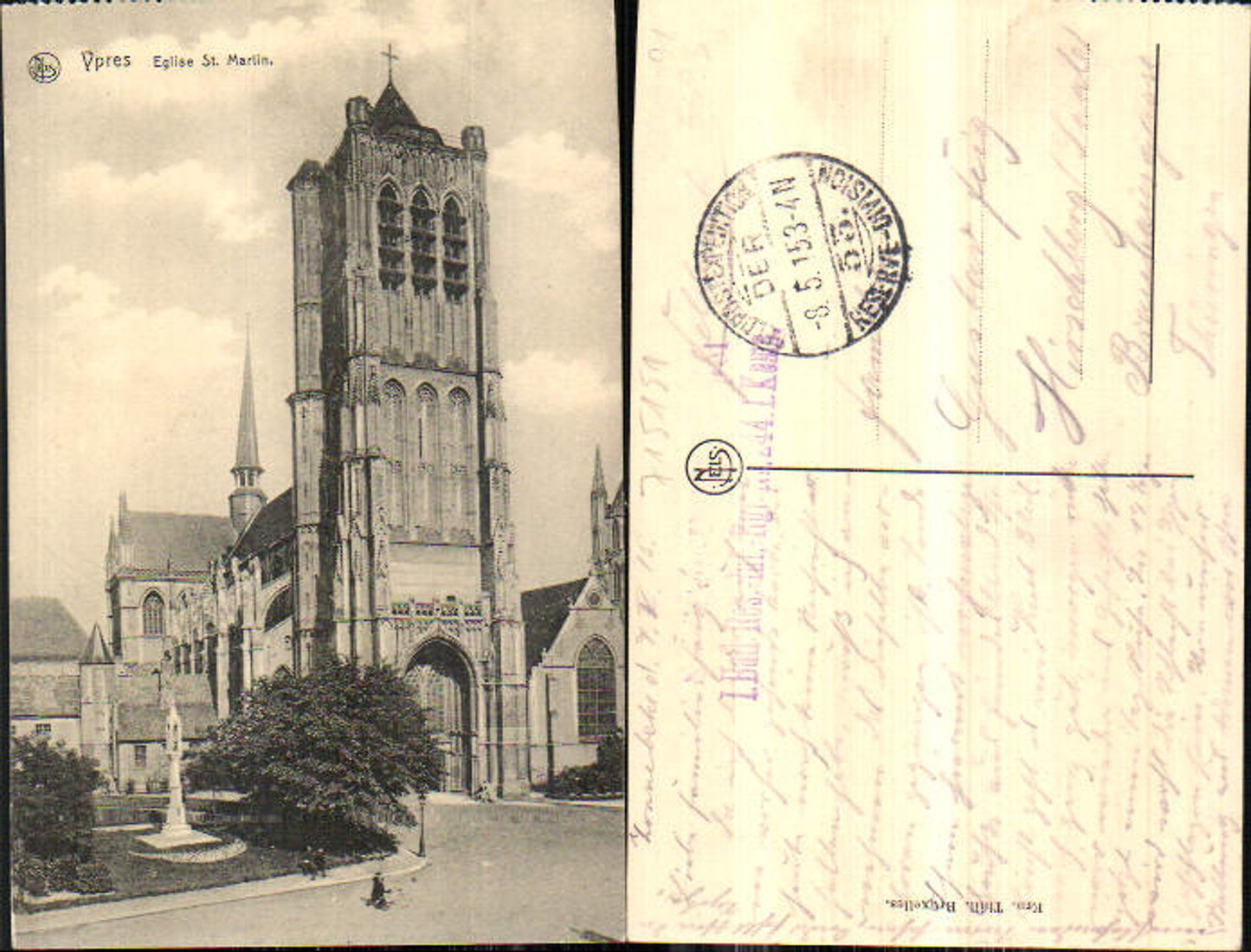 715151 Belgium Flandern Ypern Ypres Eglise St. Martin Feldpost Hirschberg Saale 1915