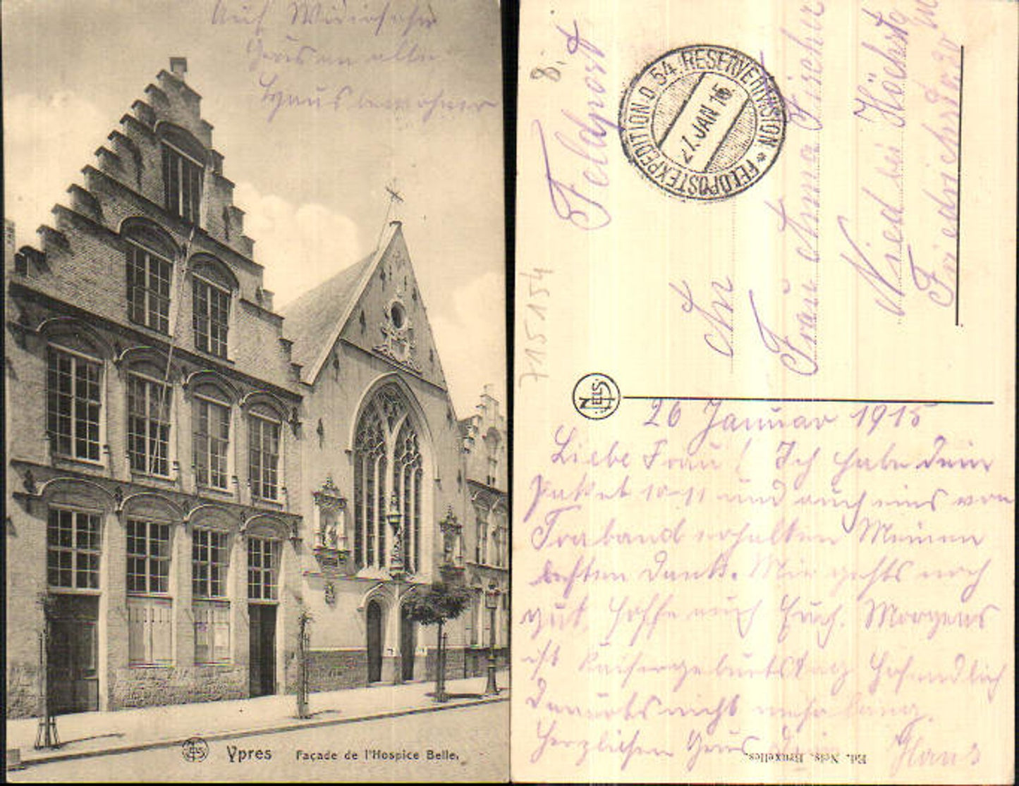 715154 Belgium Flandern Ypern Ypres Hospice Belle Feldpost Nied Höchst Frankfurt