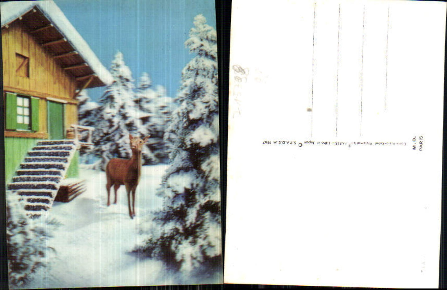 715798 3-D Wackelkarte Reh Wild Schnee Haus Jagd
