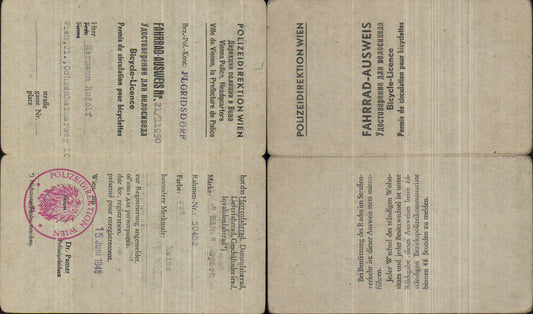 715799 Fahrrad-Ausweis Polizeidirektion Wien Floridsdorf 1946 Stempel